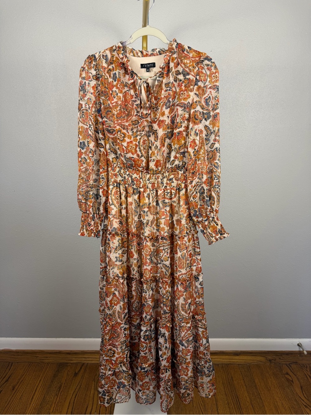 1.STATE Metallic Floral Tiered Maxi Dress Cathay Spice Boho Size M